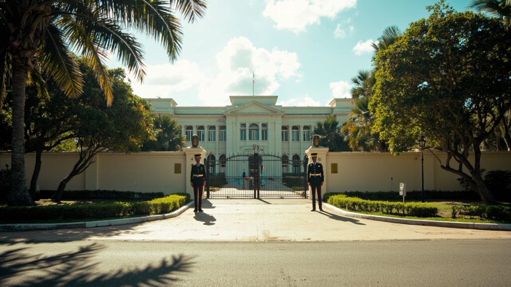 An exterior view of a Cameroonian presidential palace with uniformed guards at the entrance during daytime.