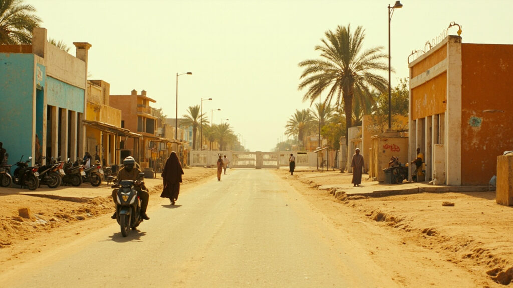 A dusty street scene in a Cameroonian northern town with motorcycles, market stalls, and modest buildings under bright sun.