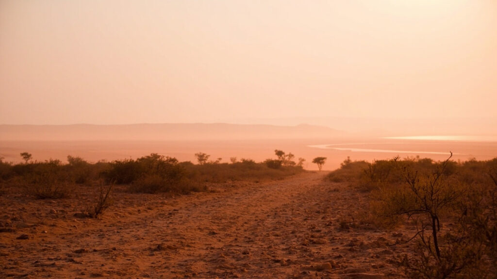 Arid Far North Cameroon borderland landscape near Lake Chad at dusk.