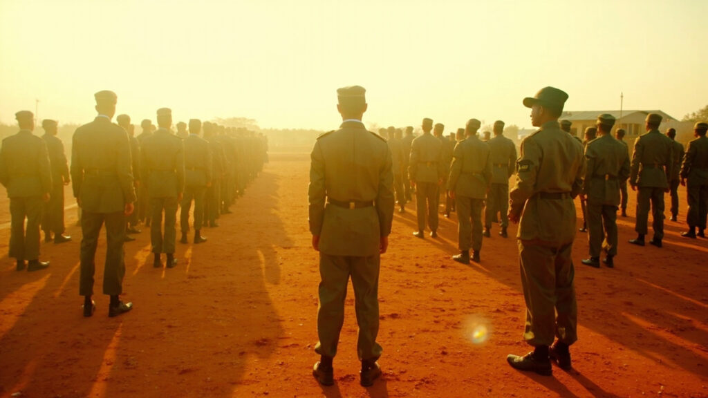 Military personnel viewed from behind at mid-distance standing in formation on a dusty West African parade ground at dawn.