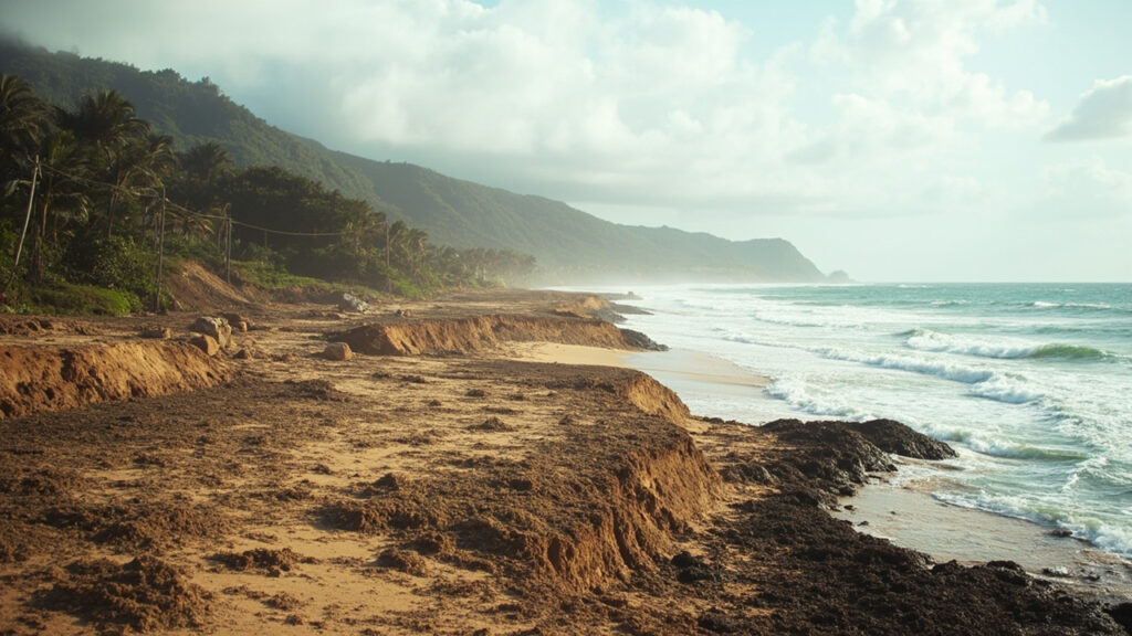 An eroded stretch of Cape Verdean coastline on Santiago island, where sandy beach has been removed by illegal extraction, leaving rocky shor