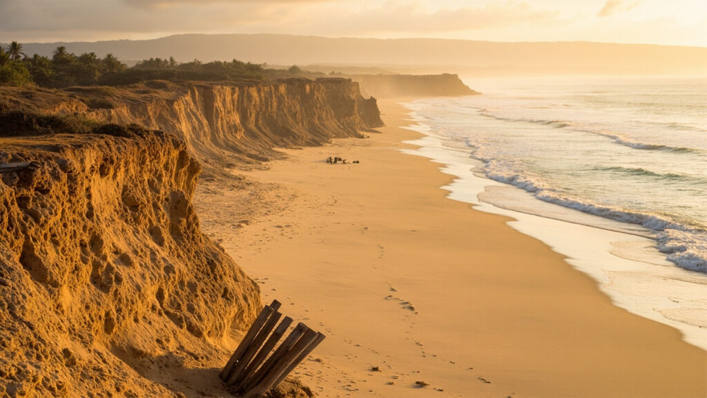 A crumbling sandy cliff face undercut by turquoise Atlantic surf, with weathered wooden posts protruding from a narrowed beach at golden hou