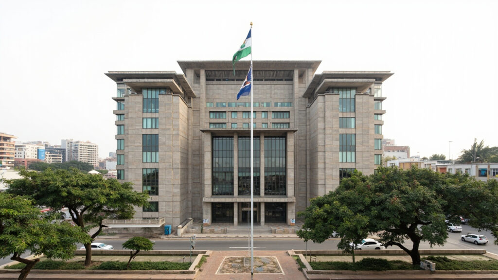 The exterior facade of a central bank building with surrounding urban streetscape in an African capital city.