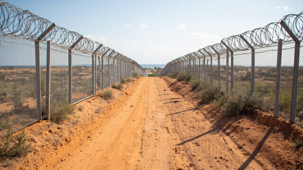 The double border fence topped with razor wire running between Ceuta and Moroccan territory across dry scrubland.