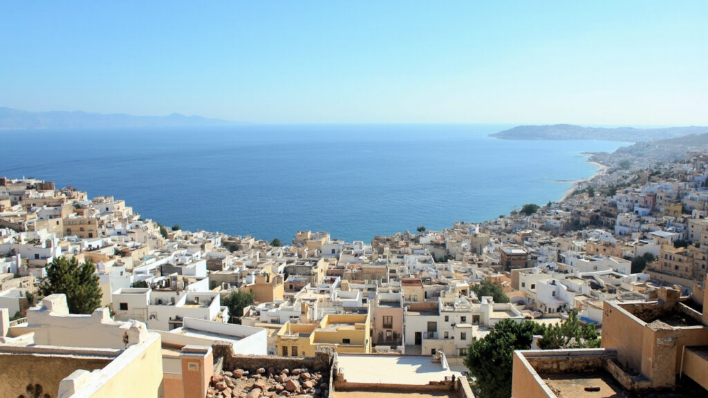 A daytime panoramic view of Ceuta's densely built urban area on the North African coast, with the Mediterranean Sea visible and the mountain