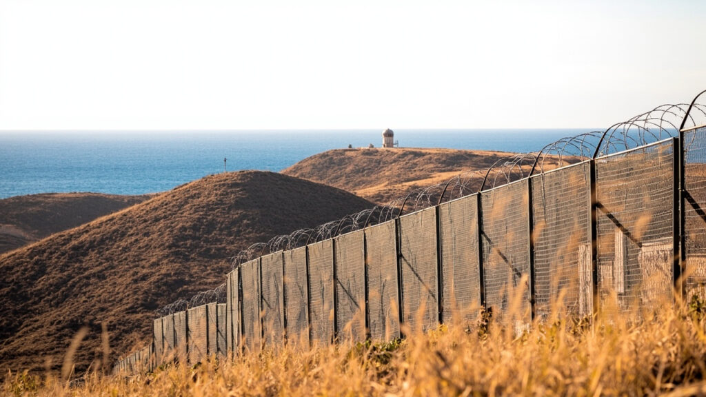 A view of the fortified border area between the Spanish enclave of Ceuta and Morocco, showing a perimeter fence running along rocky coastlin