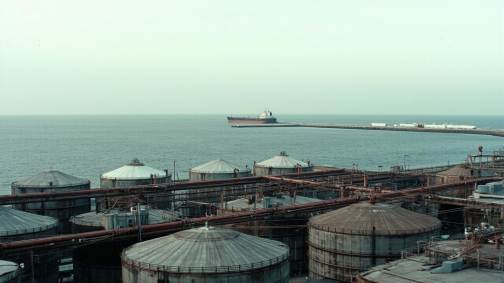 An aerial view of an oil export terminal with cylindrical storage tanks and a tanker vessel at a West African port.