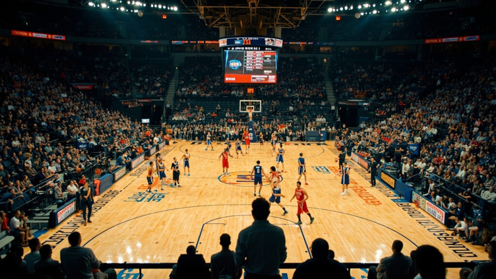 An indoor basketball court during an international friendly, with players in contrasting jerseys competing under bright arena lighting and s