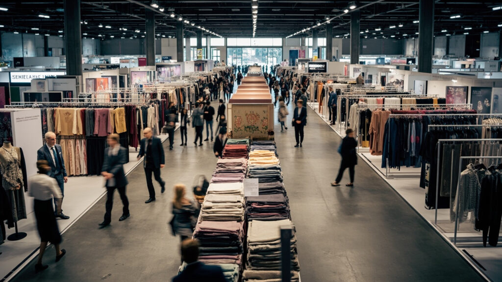 A wide view of a fashion trade exhibition floor with garment displays, fabrics and buyers walking between booths in a large indoor hall.