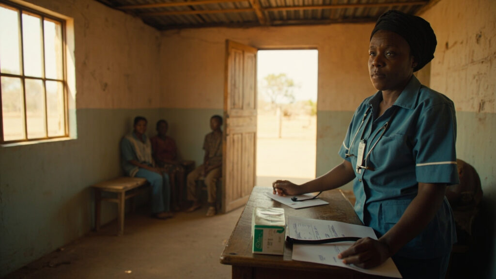 A modest rural health clinic interior with medical supplies on a wooden desk, a nurse in uniform, and patients waiting, set in a dry sun-ble