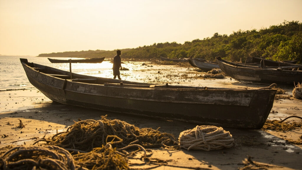 Weathered wooden fishing canoes and tangled nets resting on a muddy tidal flat bordered by mangroves.