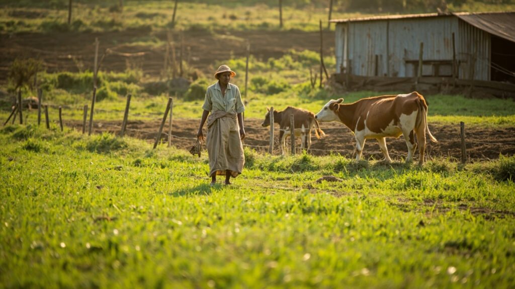 A rural Kenyan dairy farm with a woman tending cows in a sunlit green pasture near a low shed.