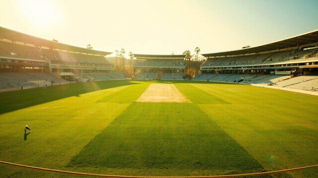 A cricket stadium in an African city with a green pitch, boundary rope and spectator stands under clear daylight.