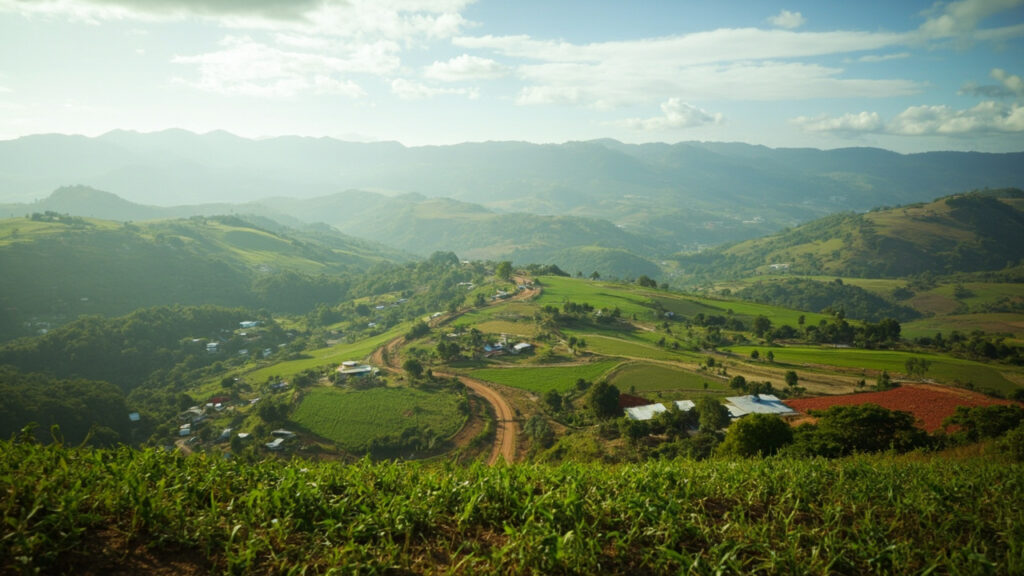 A rural Kenyan highland landscape with rolling green hills and small farmsteads under a partly cloudy sky.