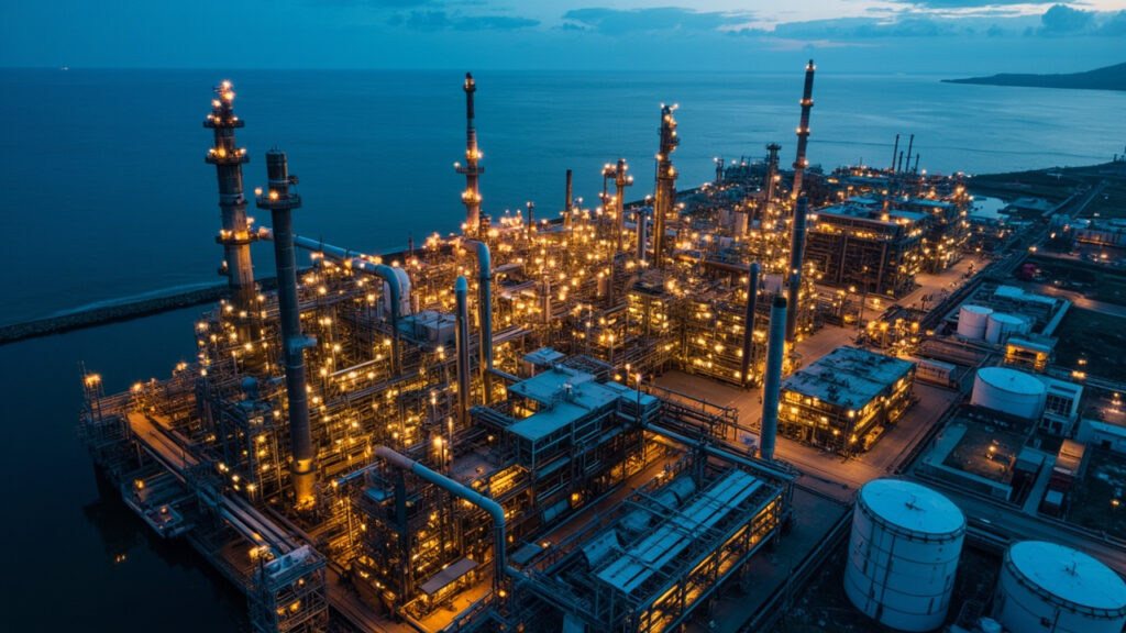 An aerial view of a large coastal oil refinery with tall distillation columns and cylindrical storage tanks lit at dusk.