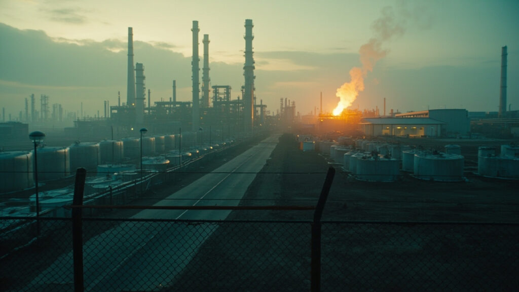 A wide exterior view of a large oil refinery complex at dusk, showing tall distillation columns, flare stacks, and rows of cylindrical stora
