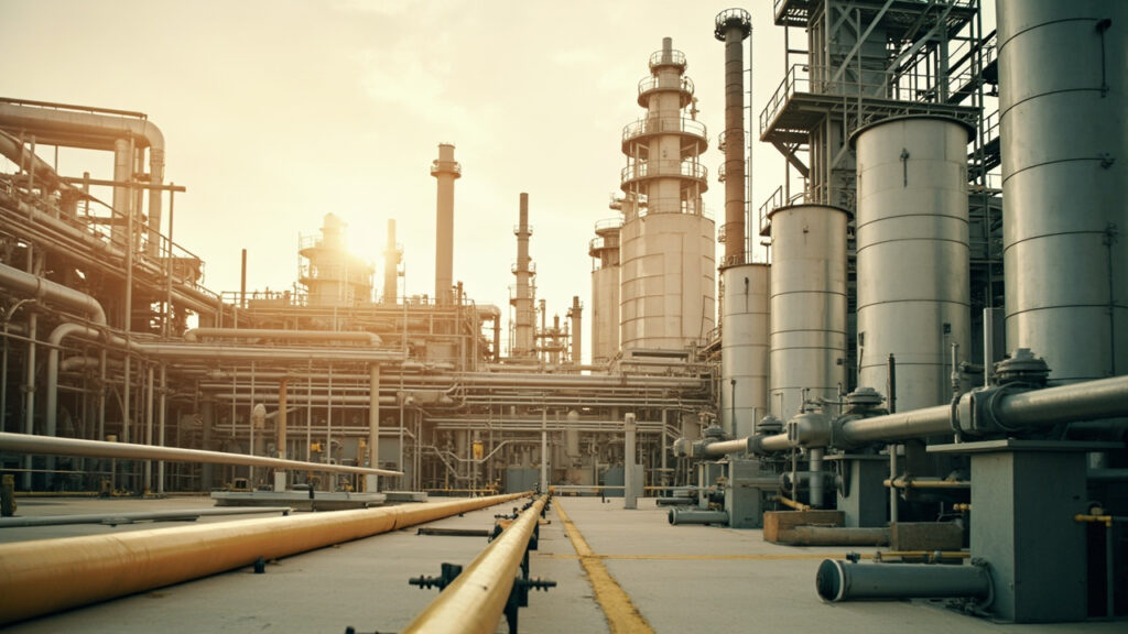 Industrial infrastructure at the refinery complex, featuring tall distillation columns and cylindrical storage tanks.