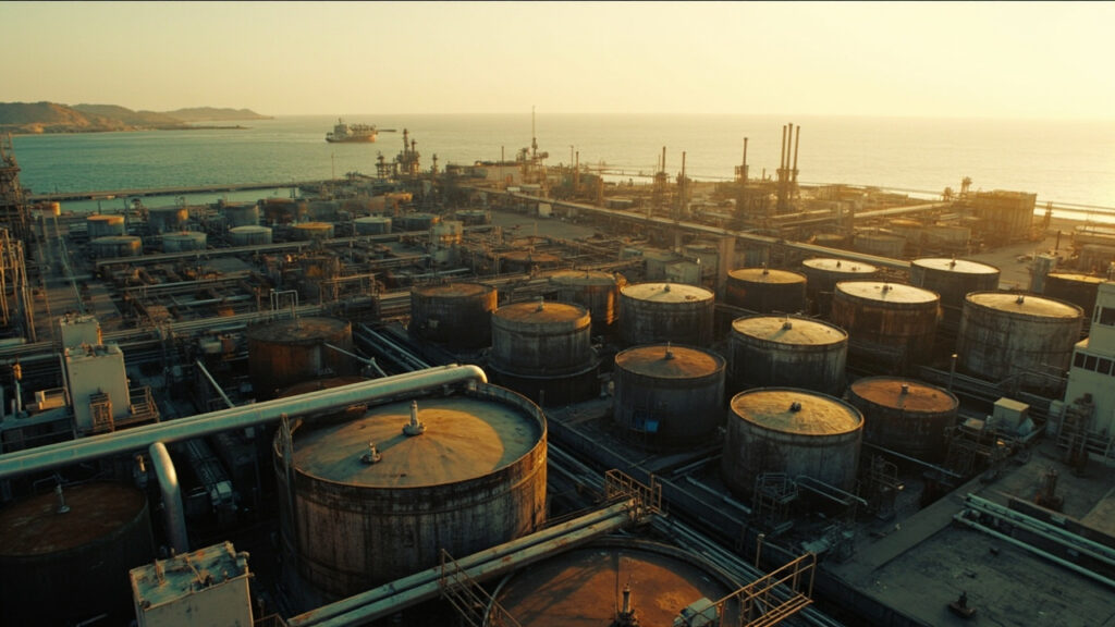 An aerial view of a coastal oil refinery with storage tanks, pipeline networks, and docked fuel vessels.
