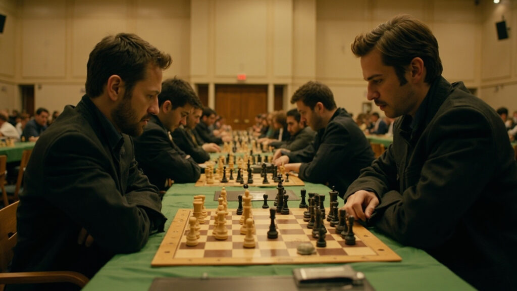 An interior photograph of a chess tournament hall with players seated at boards mid-game, representing the World Amateur Rapid and Blitz Che