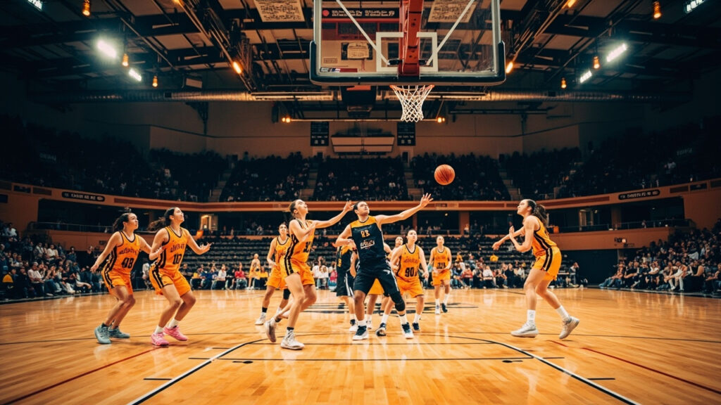 An indoor basketball court during a women's club game, with players in team kits contesting play beneath bright arena lighting.