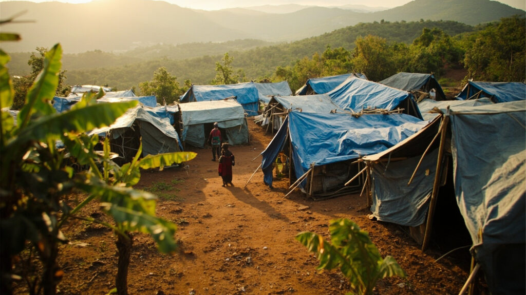 A cluster of makeshift tarpaulin shelters on a hillside in rural eastern DRC.