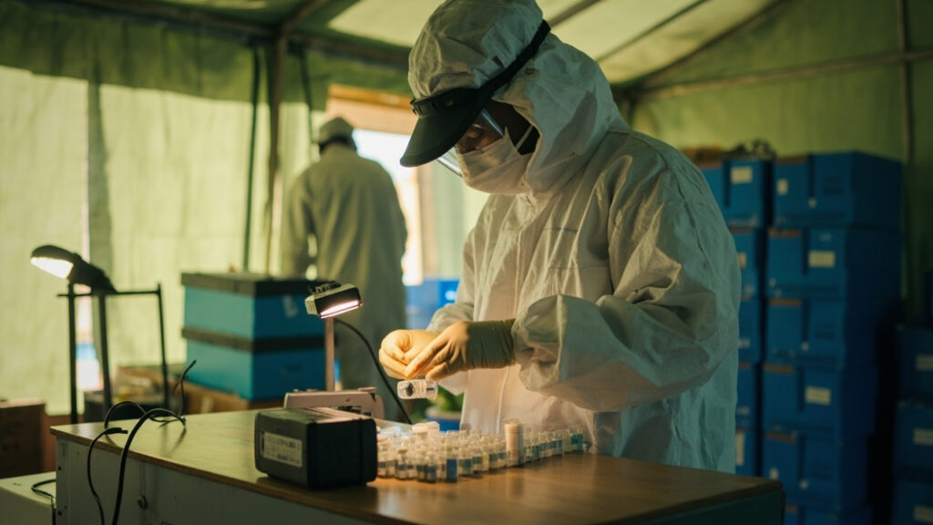 Health workers in protective gear handling vaccine vials at a treatment tent