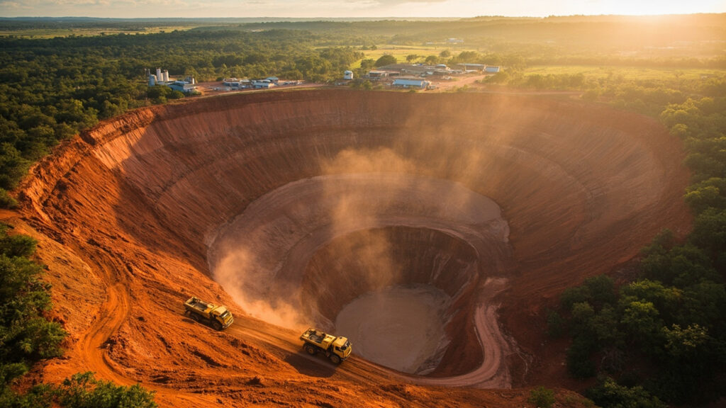 An aerial view of a large open-pit mining site in a tropical African landscape with trucks and excavation equipment on terraced slopes of re