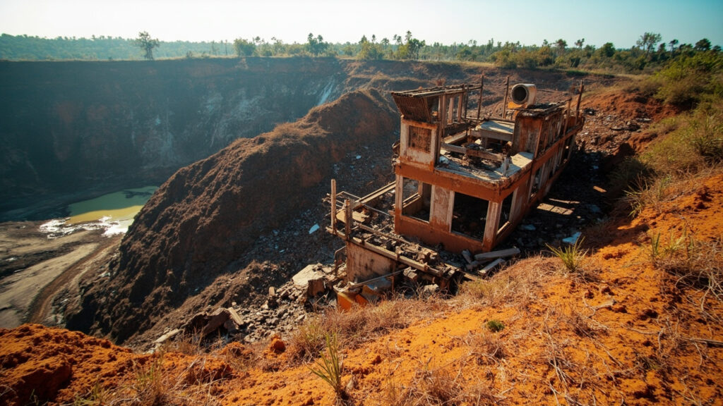Derelict concrete ruins and rusted mining infrastructure at the edge of a flooded open-pit in the DRC.