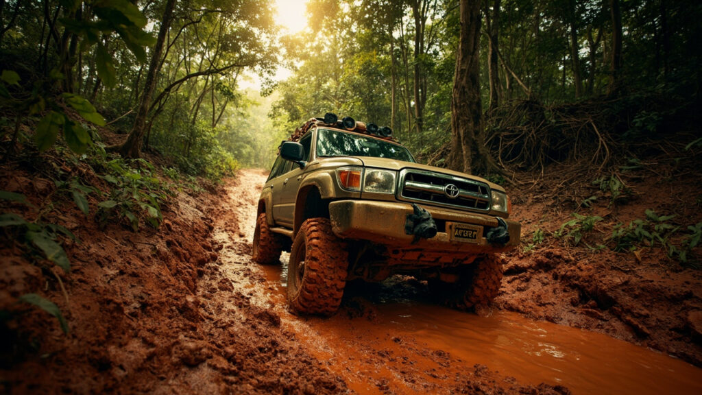 A four-wheel-drive vehicle navigates a deeply rutted, muddy dirt road cutting through dense equatorial forest in eastern DRC.