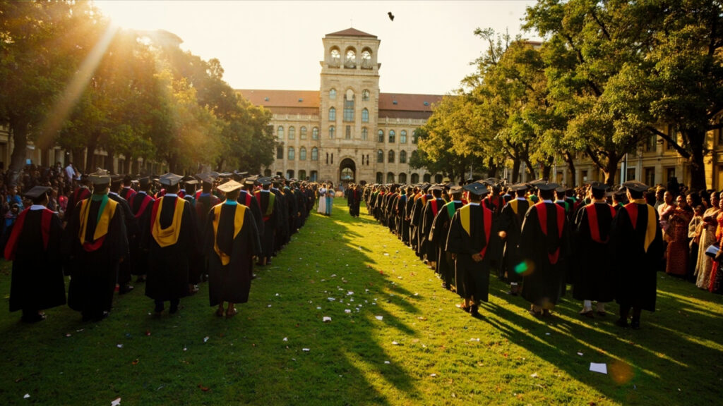A graduation ceremony at a Kenyan university with graduates in academic gowns and mortarboards in the foreground, with a large institutional
