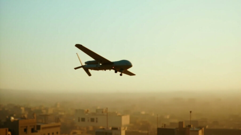 A small unmanned aircraft in mid-flight above a hazy cityscape at dusk.