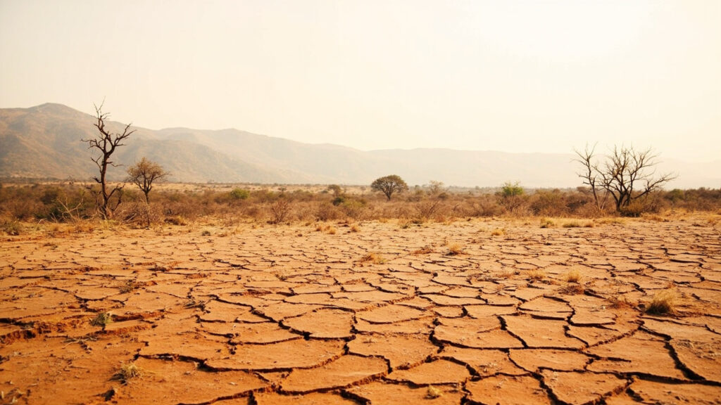 Arid highland landscape with cracked earth, sparse vegetation and distant low hills under a pale, hazy sky.