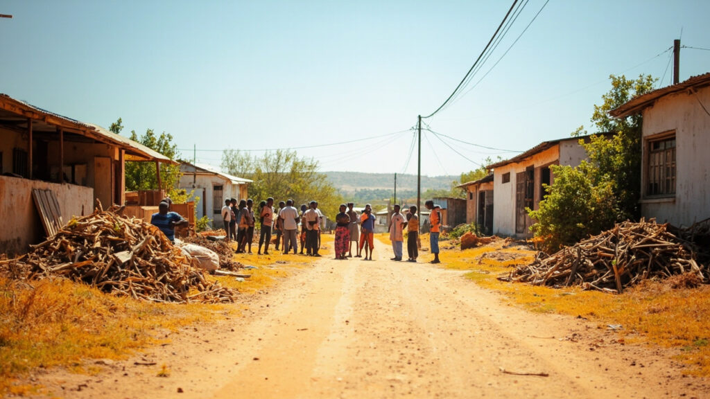 A dusty rural village lane with piles of discarded fruit and agricultural waste near modest homes, several residents gathered in conversatio