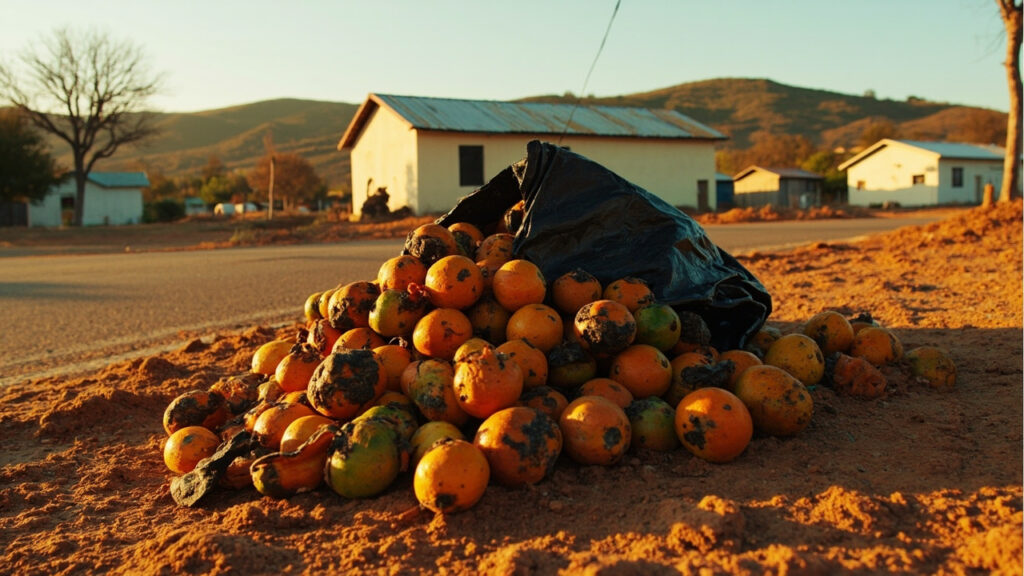 A pile of rotting citrus fruit dumped on dusty ground near simple rural homes with corrugated metal roofs in the Eastern Cape.