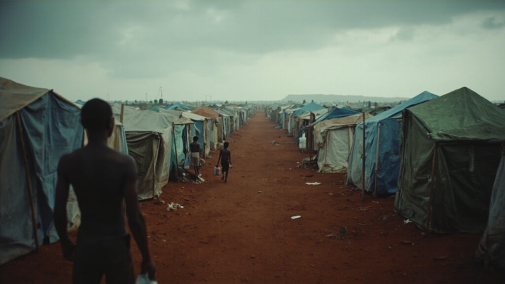 Makeshift shelters of a displacement camp in eastern DR Congo, showing densely packed tents under an overcast sky.