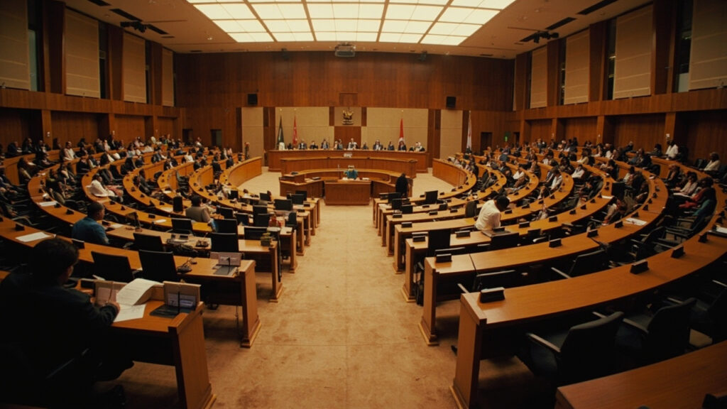 A regional conference hall interior with delegates seated at curved desks during a formal meeting.