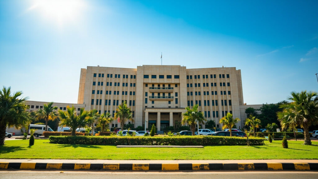 Exterior view of a large administrative government building in Abuja, Nigeria, with lawns and a perimeter wall.