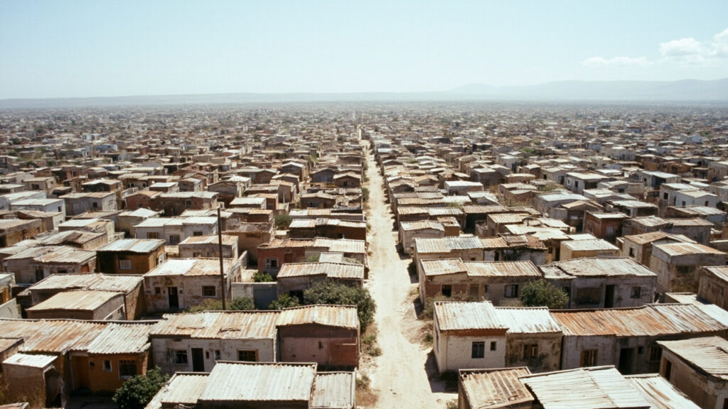 Rows of closely packed low-income houses in the Cape Flats area of Cape Town under bright midday light.