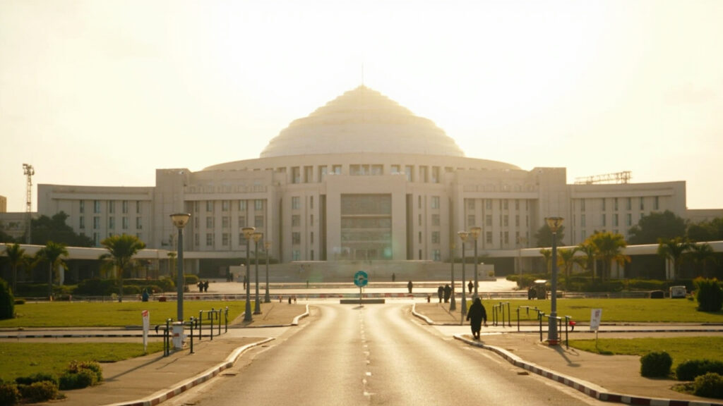 The National Assembly complex in Abuja, Nigeria, showing its distinctive legislative architecture under clear daylight.