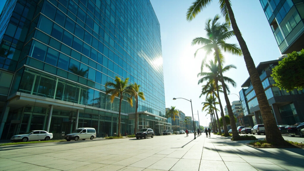 A modern glass office tower in a tropical commercial business district with cars and pedestrians in the foreground under bright clear skies.