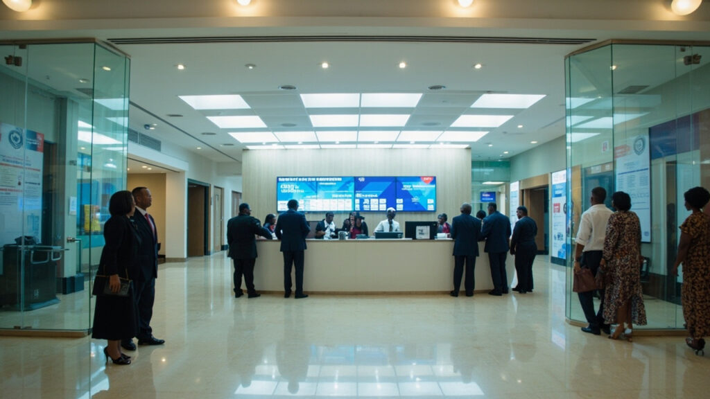 A modern bank branch interior with a customer service counter, informational posters on the walls, and customers consulting with bank office