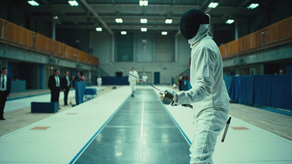A fencer in a white uniform and mesh mask competing in an indoor epee bout on a metallic piste with officials watching from the side.