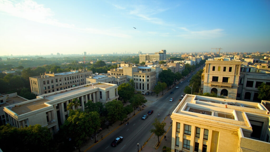 Wide view of Asmara, the capital of Eritrea, showing mid-rise buildings and tree-lined avenues under a clear sky.