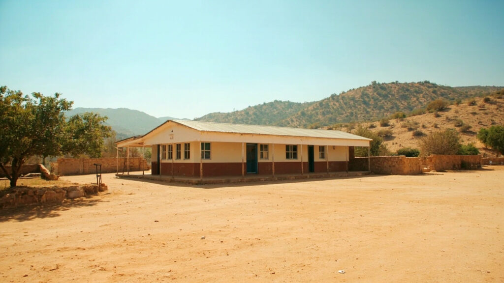 A wide view of a Tigrayan town showing a school building with light walls and metal roofing set against arid hills under a clear sky.