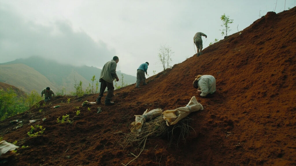 Workers from behind plant seedlings across a bare, reddish hillside during an overcast morning, with bundles of saplings and hoes scattered