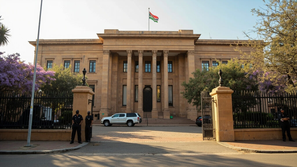 An exterior view of a South African government or military building in Pretoria, conveying the country's security institutions.