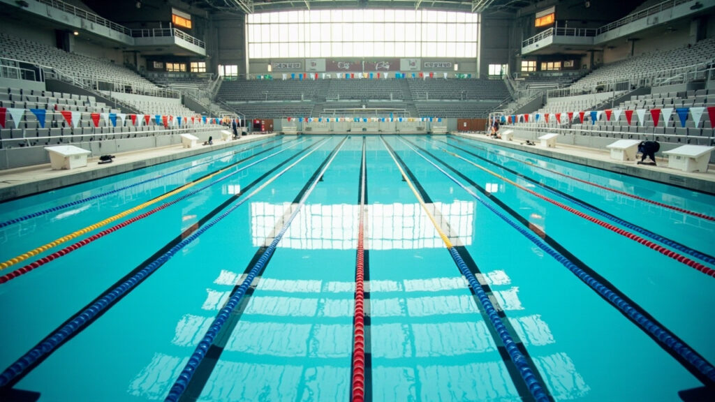 A wide view of an empty indoor competition swimming pool with stadium seating in the background