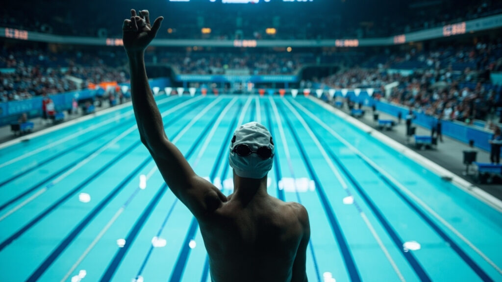 A swimmer in a competition pool celebrating after a race at a major multi-sport event, with officials visible poolside.