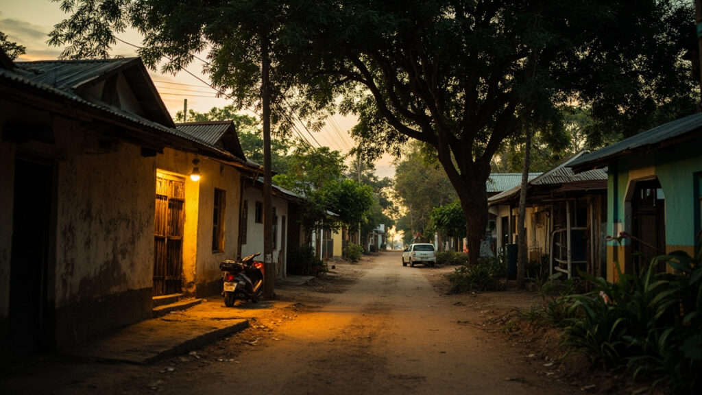 A quiet residential street at dusk in a tropical African setting, with modest homes, vegetation and warm light suggesting an everyday neighb