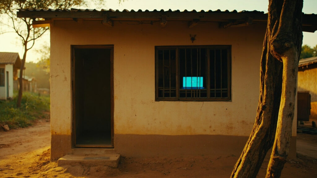 A modest residential exterior in a border-region town, with a laptop visible on a desk inside a ground-floor window.